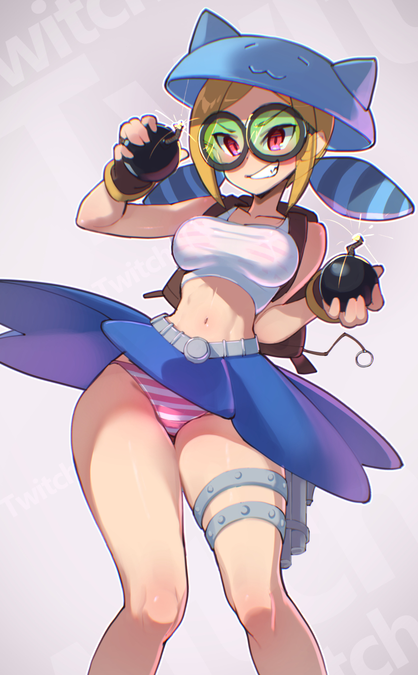 1girl abs absurdres backpack bag bare_legs belt blonde_hair blue_skirt bomb breasts clothes_lift crop_top explosive stomach underwear fingerless_gloves fuse gloves goggles grin gun gun_holster helmet highres knees medium_breasts momochi_momotan navel open_mouth panties red_eyes see-through_clothes see-through_shirt shantae_(series) shirt sidelocks skirt skirt_lift smile solo striped_clothes striped_panties text_background thick_thighs thigh_strap thighs twintails twitch_(shantae) underwear wayforward weapon white_shirt