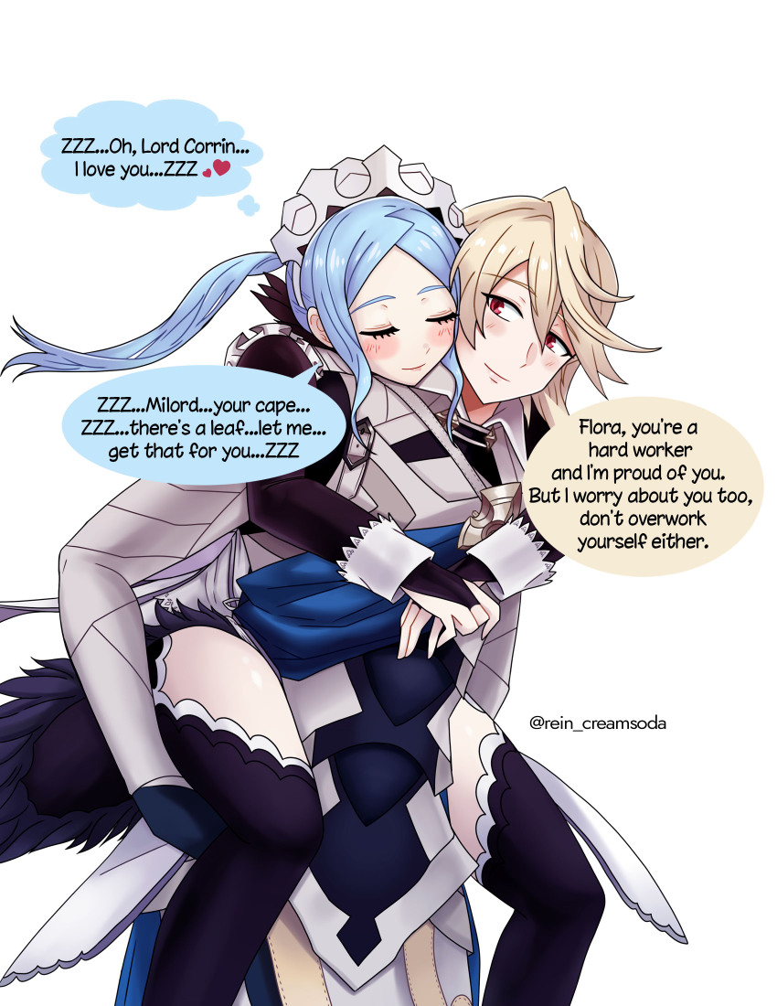 1boy 1girl absurdres black_thighhighs blonde_hair blue_hair blush cape carrying carrying_person male_corrin_(fire_emblem) english_text fire_emblem fire_emblem_fates flora_(fire_emblem) highres maid maid_headdress nintendo red_eyes rein_creamsoda sleeping sleeping_on_person slit_pupils speech_bubble thighhighs thighs white_background