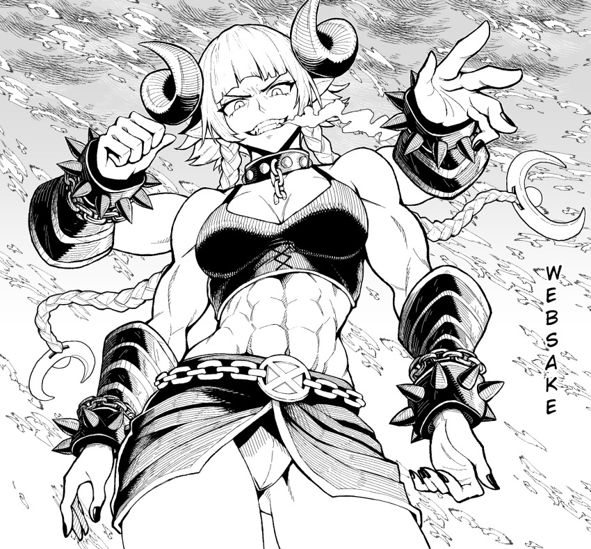 1girl abs artist_name bare_shoulders belt black_nails bracelet braid breasts chain collar cowboy_shot crop_top extra_arms gluteal_fold greyscale grin highres horns jewelry looking_at_viewer looking_down medium_breasts midriff monochrome muscular muscular_female nail_polish navel original pointy_ears sharp_teeth sleeveless smile smoke_from_mouth solo spiked_bracelet spikes standing teeth thighs twin_braids underwear websake wrist_chain