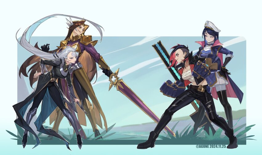 4girls agune_p arcane:_league_of_legends arcane_caitlyn arcane_vi brown_hair caitlyn_(league_of_legends) chest_sarashi diana_(league_of_legends) fighting_stance gauntlets grey_hair hat highres league_of_legends leaning_forward leona_(league_of_legends) long_hair multiple_girls peaked_cap sarashi skirt smile sword very_long_hair vi_(league_of_legends) weapon