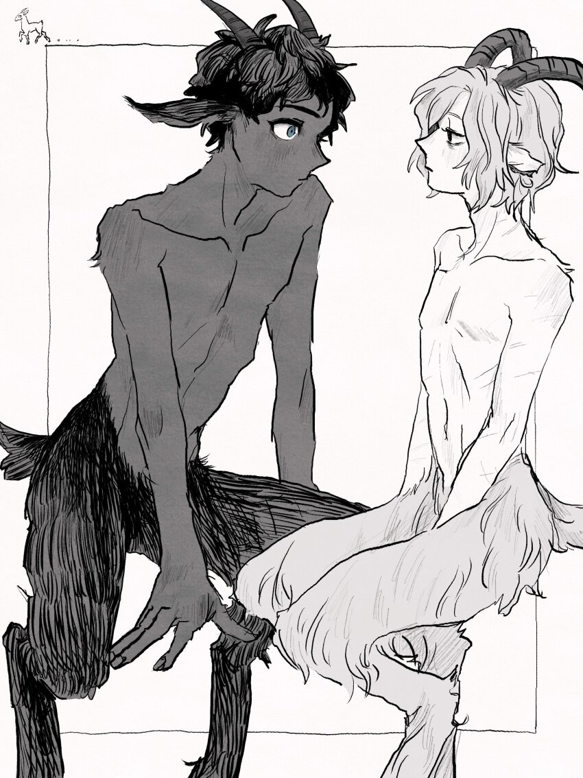 2boys absurdres alternate_species animal_ears animal_feet bags_under_eyes blue_eyes blush body_fur border curled_horns curly_hair dark-skinned_male dark_skin dungeon_meshi feet_out_of_frame goat_boy goat_ears goat_horns goat_legs goat_tail highres horns kabru looking_at_another male_focus mithrun monochrome monster_boy multiple_boys multiple_scars navel notched_ear nude pachix2_corgi profile satyr scar short_hair simple_background sitting spot_color wavy_hair white_background wide-eyed