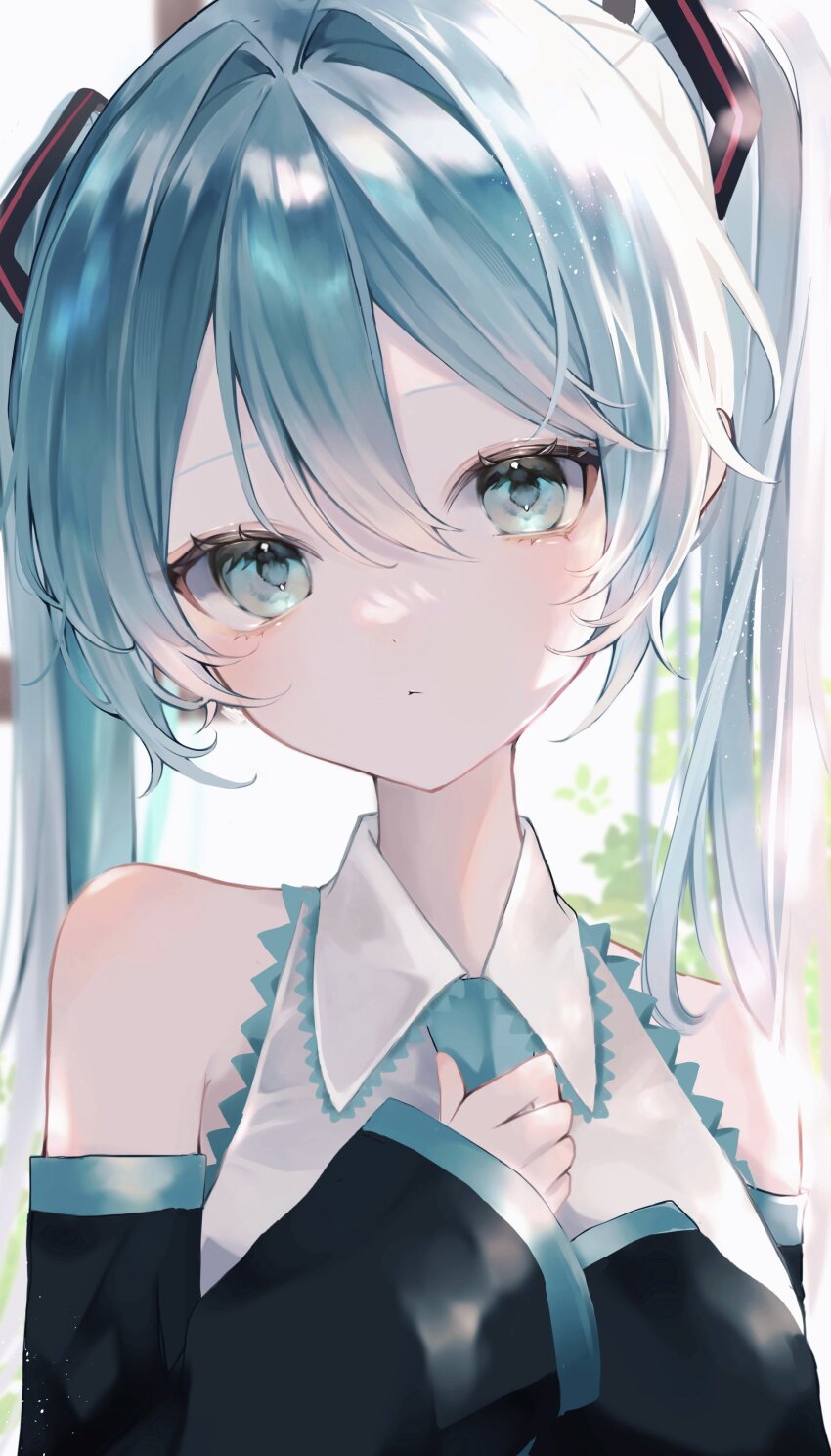 1girl absurdres ao_marumaru0720 aqua_eyes aqua_necktie bare_shoulders black_sleeves blush close-up closed_mouth detached_sleeves expressionless grey_shirt hair_ornament hatsune_miku headset highres holding_necktie long_hair looking_at_viewer necktie shirt sleeveless sleeveless_shirt solo twintails upper_body very_long_hair vocaloid