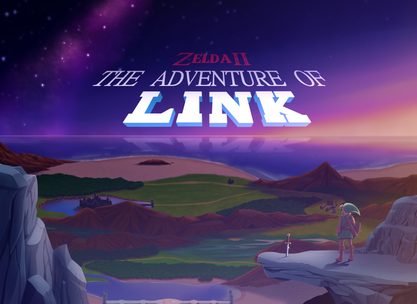 1boy absurdres brown_hair cliff desert elf hat highres link money mountain night night_sky nintendo ocean pointy_ears reflection reflective_water river shield shield_on_back sky standing sword the_legend_of_zelda title tunic water weapon zelda_ii:_the_adventure_of_link