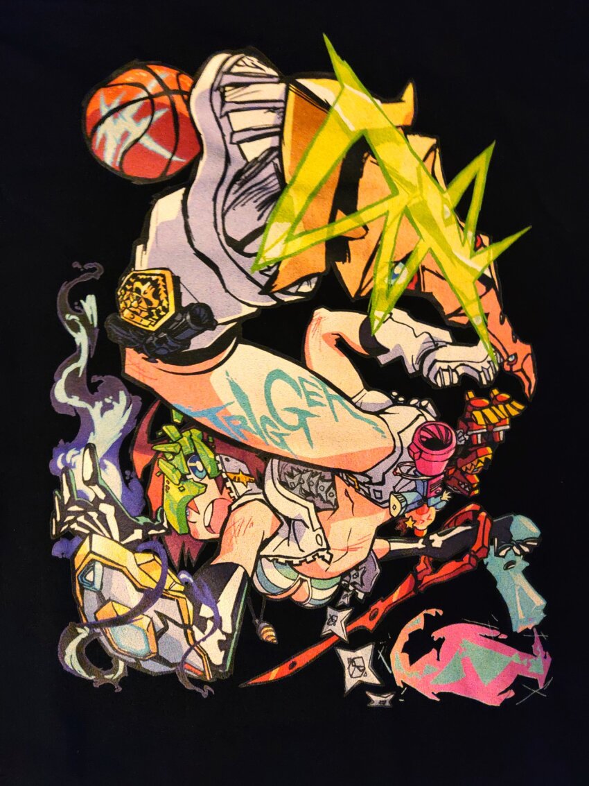 1girl ass bad_anatomy bikini breasts cleavage gun highres kill_la_kill large_breasts luluco navel panty_&amp;_stocking_with_garterbelt promare studio_trigger swimsuit sword tengen_toppa_gurren_lagann trigger-chan uchuu_patrol_luluco weapon