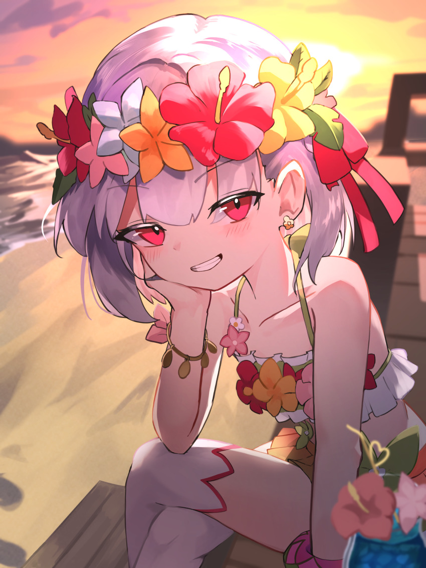 1girl absurdres bare_shoulders beach bikini breasts collarbone cup day drink drinking_glass drinking_straw fate/grand_order fate_(series) flower flower_wreath frilled_bikini frills hair_between_eyes head_wreath highres kama_(fate) kama_(swimsuit_avenger)_(fate) kama_(swimsuit_avenger)_(first_ascension)_(fate) looking_at_viewer lotus mess_h_j miniskirt ocean orange_sky outdoors rainbow_skirt red_eyes short_hair skirt sky small_breasts smile solo sunset swimsuit thighs tropical_drink twilight white_hair
