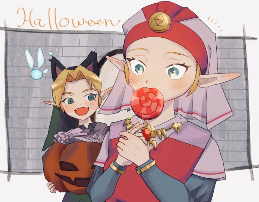 1boy 1girl animal_ears aqua_eyes blonde_hair blue_sleeves blush border brick_wall brooch candy child commentary_request dress english_text fairy fake_animal_ears fangs food green_hat green_tunic halloween halloween_bucket hat holding holding_candy holding_food holding_lollipop holding_pumpkin holding_vegetable jewelry link lollipop long_sleeves looking_at_another navi nintendo notice_lines open_mouth outside_border pink_dress pointy_ears princess_zelda puffy_long_sleeves puffy_sleeves pumpkin smile solo_focus swirl_lollipop the_legend_of_zelda the_legend_of_zelda:_ocarina_of_time triforce tunic two-tone_dress upper_body vegetable white_border white_dress white_headdress yamori_(yamoooon21) young_link young_zelda