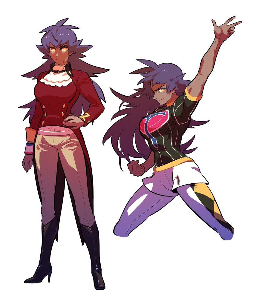 1girl absurdres arm_up ascot boots breasts bright_pupils brown_pants buttons champion_uniform charizard_pose commentary_request dark-skinned_female dark_skin dynamax_band genderswap genderswap_(mtf) hand_on_own_hip high_heel_boots high_heels highres jacket korean_commentary large_breasts leggings leon_(pokemon) long_hair long_sleeves medium_breasts multiple_views nintendo pants pokemon pokemon_swsh purple_hair red_jacket redlhzz shield_print shirt short_shorts short_sleeves shorts sleeve_rolled_up sword_print tailcoat white_ascot white_shorts yellow_eyes