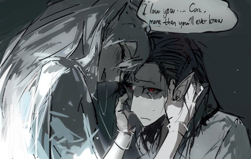 2boys baldur&#039;s_gate baldur&#039;s_gate_3 black_hair cazador_szarr crying dungeons_&amp;_dragons dungeons_&amp;_dragons english_text frown highres long_hair looking_at_another medium_hair multiple_boys pointy_ears red_eyes smile speech_bubble vellioth vihua6 white_hair yaoi