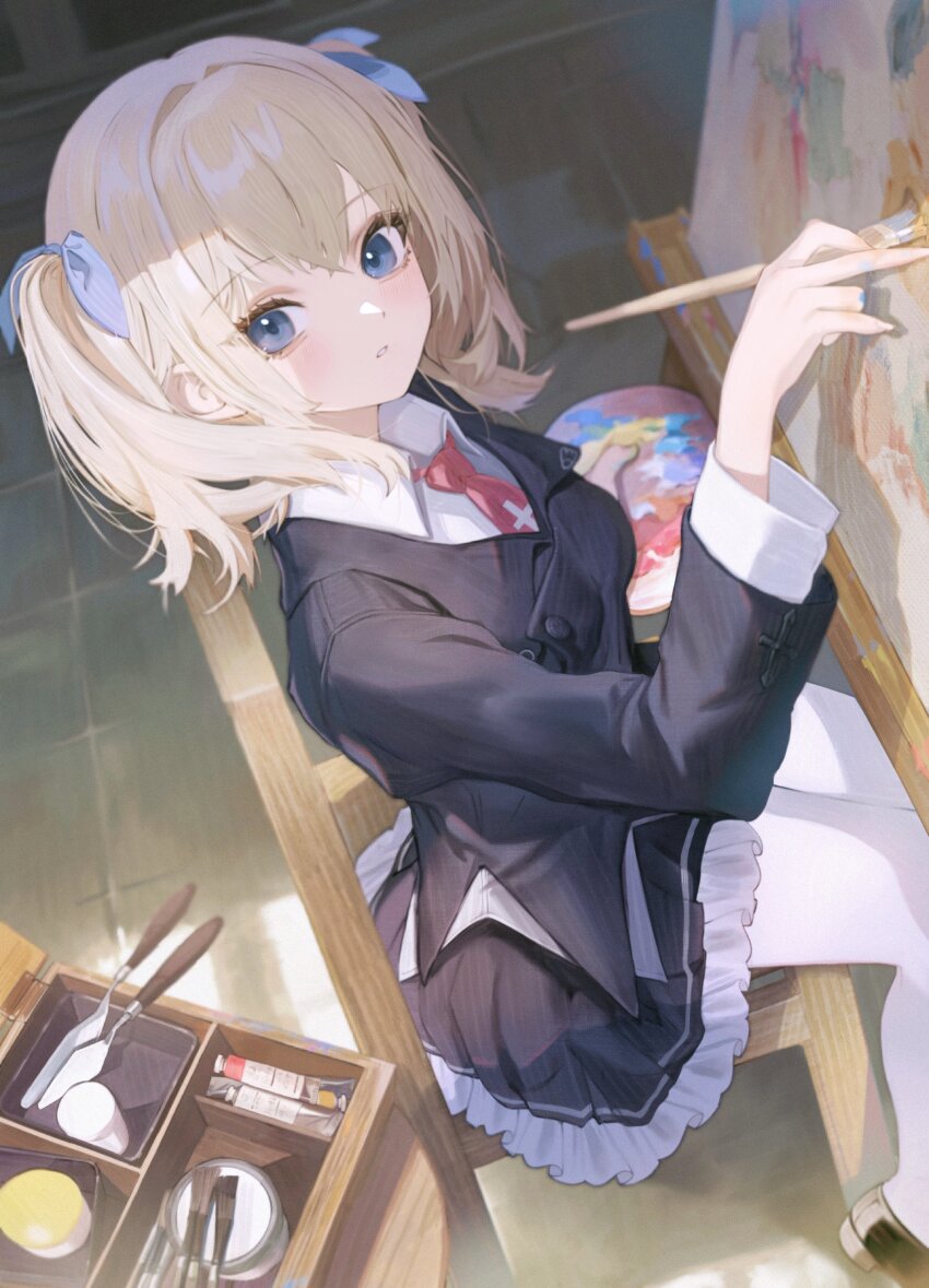 1girl absurdres black_jacket black_skirt blonde_hair blue_eyes blurry canvas_(object) chair collared_shirt depth_of_field dutch_angle expressionless hair_ribbon highres holding holding_paintbrush indoors jacket looking_at_viewer nagamerin necktie on_chair onda_nei paint_palette paintbrush pantyhose red_necktie ribbon sakura_no_toki sakura_no_uta school_uniform shirt sitting skirt solo two_side_up white_pantyhose wing_collar