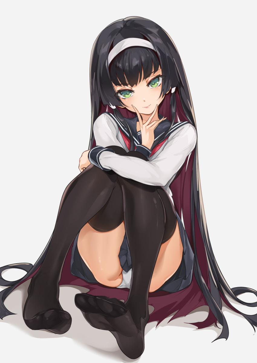 1girl bishoujo_mangekyou_(series) bitterpain black_hair black_skirt black_thighhighs colored_inner_hair commentary_request green_eyes hairband highres hime_cut knees_up long_hair long_sleeves looking_at_viewer multicolored_hair panties pleated_skirt purple_hair renge_(bishoujo_mangekyou) school_uniform shirt simple_background sitting skirt solo thighhighs toes underwear white_background white_hairband white_panties white_shirt