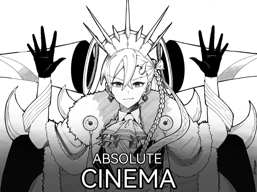 1girl absolute_cinema_(meme) ascot braid cape closed_mouth commentary e-grand_marie english_commentary english_text fate/grand_order fate_(series) fur-trimmed_cape fur_trim greyscale highres horns meme monochrome olga_marie_animusphere simple_background single_horn sitting smile solo suhyeon u-olga_marie