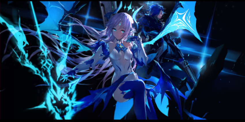 1boy 1girl absurdres arm_guards artist_name bare_shoulders black_coat blue_eyes blue_fire blue_gloves blue_thighhighs blue_wings breasts breasts_apart center_frills chevalier_(elsword) ciel_(elsword) closed_mouth coat dark_background dress elsword fire forehead_jewel frills fur_collar gloves hair_over_one_eye head_tilt highres holding holding_weapon horns ishtar_(elsword) legs_up lens_flare long_hair long_sleeves looking_at_viewer looking_back low_wings luciela_r._sourcream medium_breasts outstretched_arm parted_bangs pointy_ears pyrokinesis signature swd3e2 thighhighs weapon white_dress white_hair wings