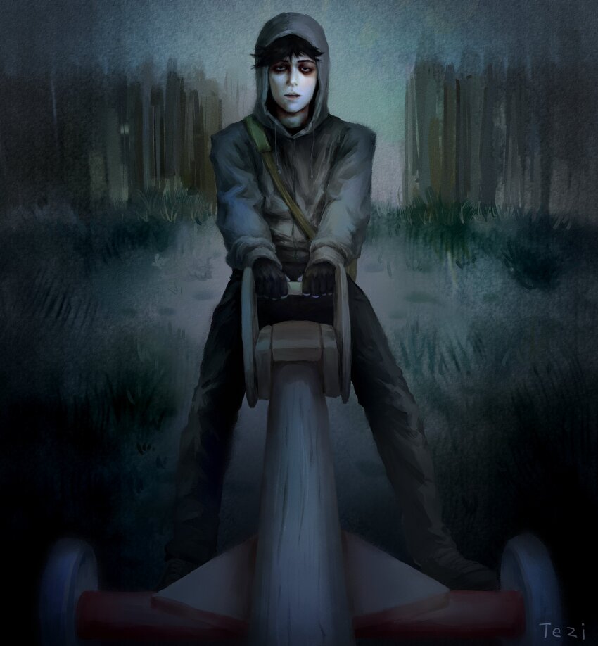 1boy absurdres bag bags_under_eyes black_gloves black_hair cry_of_fear fence fingerless_gloves full_body gloves grass grey_hoodie highres hood hood_up hoodie leaning_back male_focus on_seesaw outstretched_legs pale_skin picket_fence seesaw short_hair shoulder_bag simon_henriksson solo tixizi viewer_self-insert wooden_fence