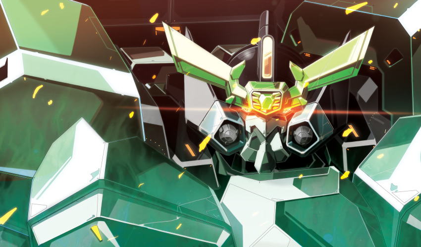 close-up embers gaofighgar glowing glowing_eyes highres looking_at_viewer mecha msugi no_humans orange_eyes robot solo super_robot v-fin yuusha_ou_gaogaigar yuusha_ou_gaogaigar_final yuusha_series