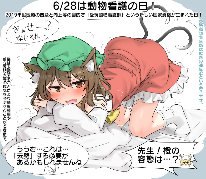 2girls absurdres animal_ears arrow_(symbol) brown_hair cat_ears cat_girl cat_tail chen commentary_request dress green_hat hat highres long_sleeves looking_at_viewer mob_cap multiple_girls open_mouth red_dress red_eyes short_hair socks tail touhou translation_request white_socks yakumo_ran youyume-kun