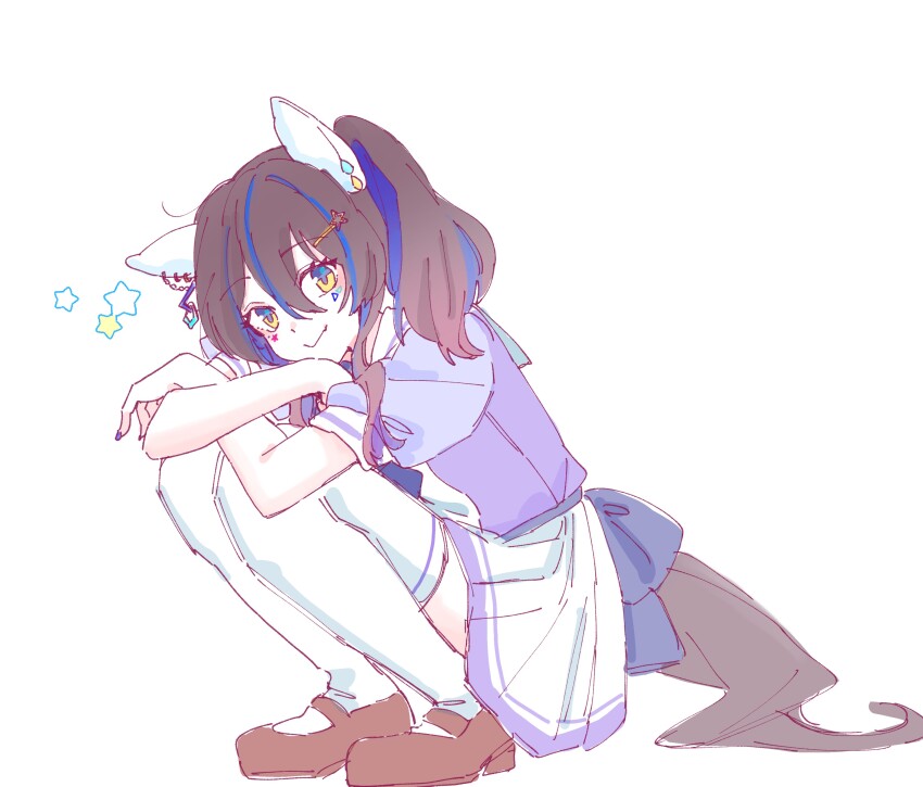 1girl absurdres animal_ears blue_hair blush brown_hair brown_shoes closed_mouth crossed_arms daitaku_helios_(umamusume) facial_mark hair_between_eyes hair_ornament hairclip highres horse_ears horse_girl horse_tail looking_at_viewer multicolored_hair pleated_skirt puffy_short_sleeves puffy_sleeves purple_shirt school_uniform seila_rei shirt shoes short_sleeves side_ponytail simple_background skirt smile solo squatting star_(symbol) star_hair_ornament streaked_hair tail thighhighs tracen_school_uniform umamusume white_background white_skirt white_thighhighs yellow_eyes