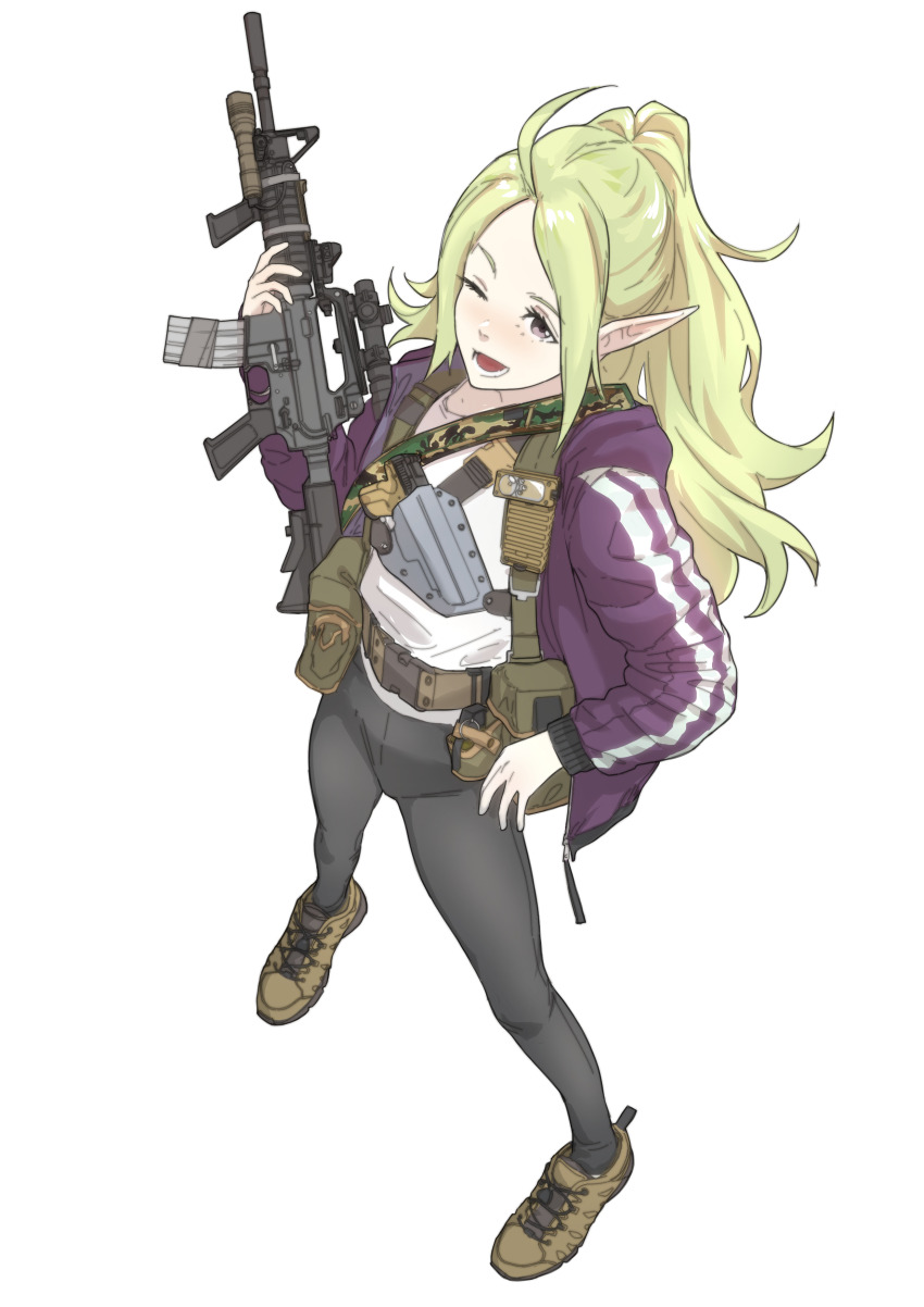 1girl absurdres ahoge alice_gear argent_moon assault_rifle blonde_hair colt_commando fire_emblem fire_emblem_awakening fn_five-seven gun handgun highres jacket nintendo nowi_(fire_emblem) one_eye_closed open_clothes open_jacket pants pantyhose pdw-caliber_pistol rifle shoes sneakers weapon yoga_pants