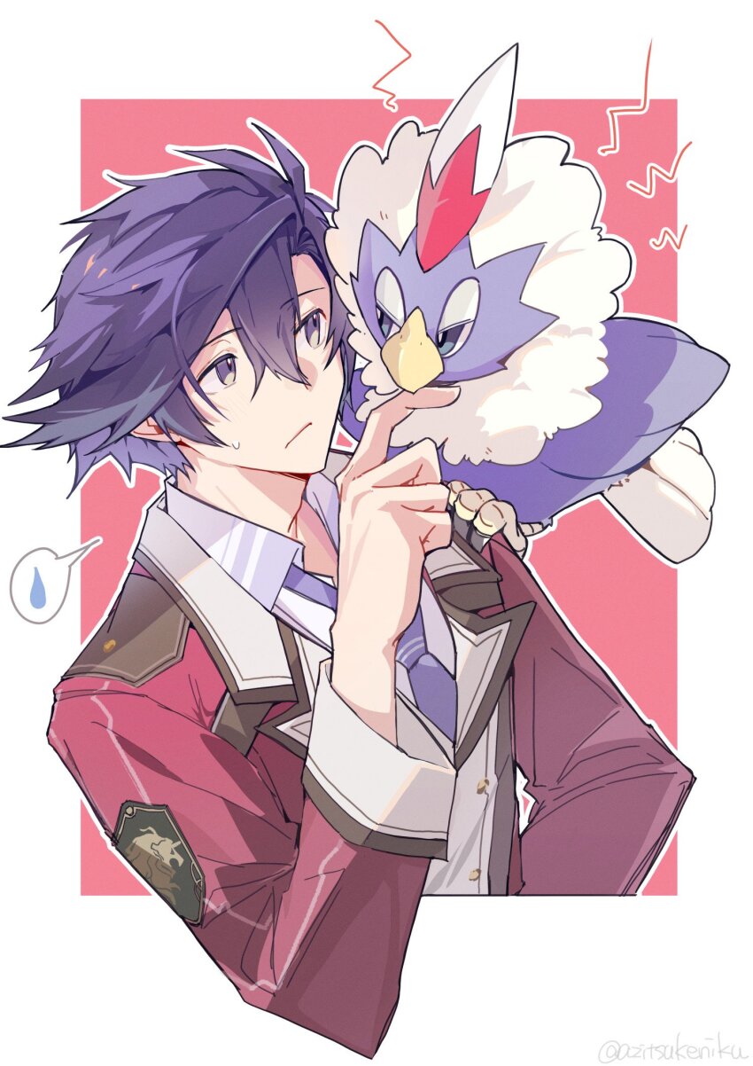 1boy animal animal_on_shoulder azitsukeniku bird bird_on_shoulder blue_hair blue_necktie border collared_shirt commentary_request eiyuu_densetsu frown gen_5_pokemon grey_eyes highres jacket looking_at_another male_focus necktie nintendo outline pokemon pokemon_(creature) rean_schwarzer red_background red_jacket rufflet sen_no_kiseki_(series) sen_no_kiseki_i shirt short_hair simple_background spoken_sweatdrop sweatdrop twitter_username white_background white_shirt