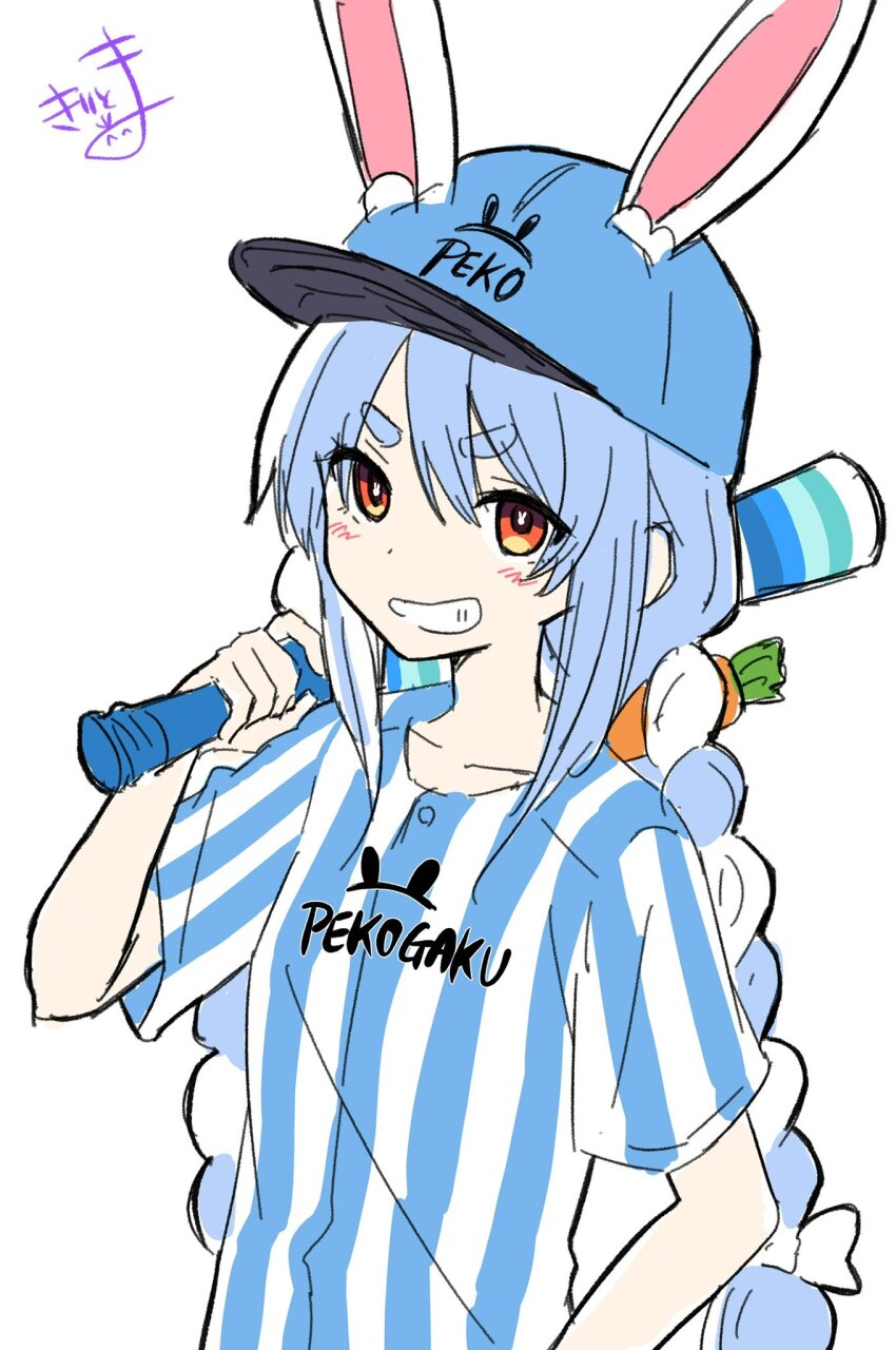 1girl alternate_costume animal_ear_fluff animal_ears baseball_bat baseball_cap baseball_uniform blue_hair blush bow braid carrot_hair_ornament commentary_request ears_through_headwear food-themed_hair_ornament grin hair_between_eyes hair_bow hair_ornament hat highres holding holding_baseball_bat hololive kiritoma looking_at_viewer multicolored_hair rabbit-shaped_pupils rabbit_ears red_eyes shirt short_eyebrows short_sleeves signature simple_background smile solo sportswear striped_clothes striped_shirt symbol-shaped_pupils thick_eyebrows twin_braids twintails two-tone_hair upper_body usada_pekora v-shaped_eyebrows vertical-striped_clothes vertical-striped_shirt virtual_youtuber white_background white_bow white_hair