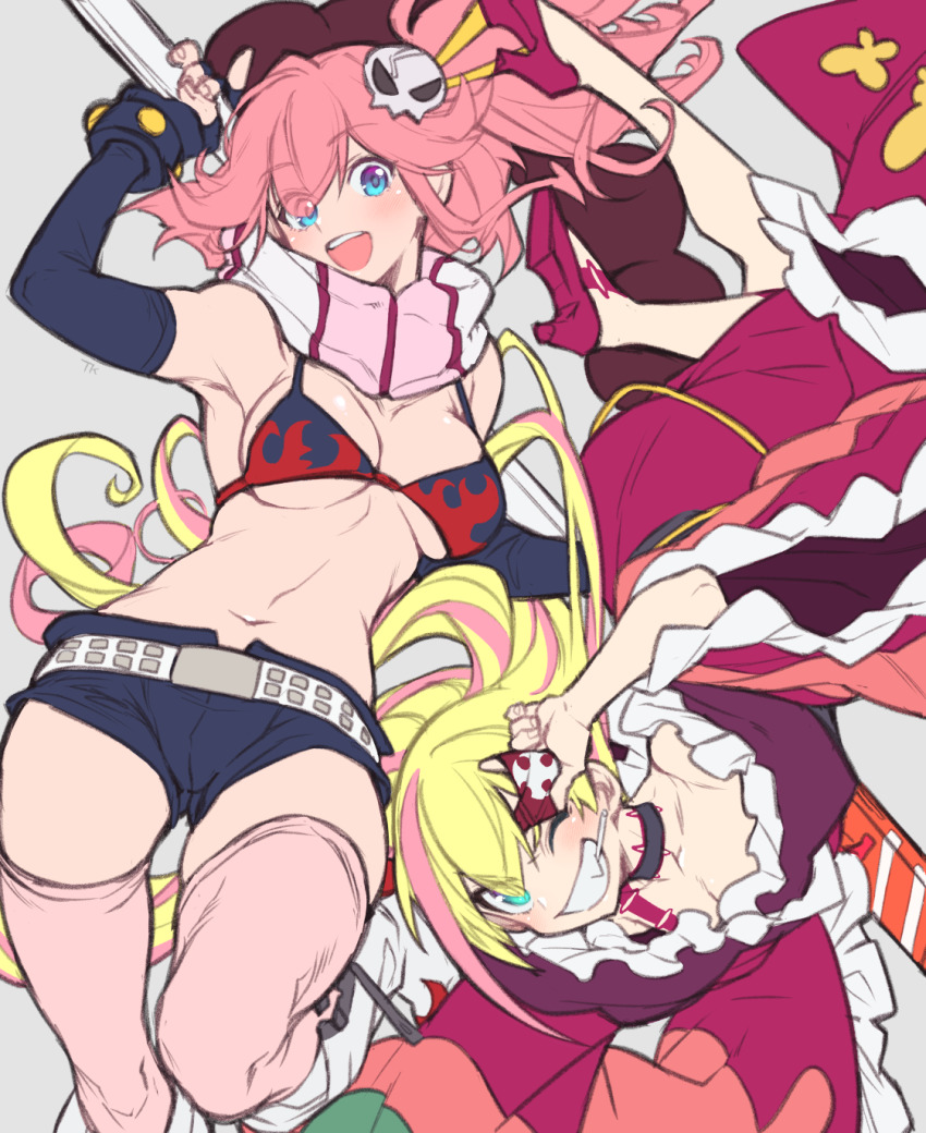 2girls :d adiane adiane_(cosplay) aina_ardebit aqua_eyes black_bra black_choker blonde_hair blue_eyes boots bra breasts choker cosplay dress elbow_gloves eyepatch unworn_eyepatch fingerless_gloves flat_color floating_hair gloves grin hair_between_eyes hair_ornament hair_stick high_heels highres knee_boots long_hair lucia_fex medium_breasts multiple_girls one_eye_closed open_mouth pink_hair pink_legwear promare red_dress revealing_clothes scarf short_shorts shorts skull_hair_ornament smile takatsuki_ichi teeth tengen_toppa_gurren_lagann thighhighs underwear upper_teeth_only upside-down very_long_hair yoko_littner yoko_littner_(cosplay)