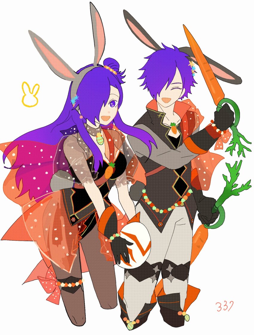 1boy 1girl :d alternate_costume animal_ear_hairband animal_ears arm_up black_choker black_gloves black_leotard black_vest bow bracelet breasts brown_pantyhose carrot choker cleavage closed_eyes coattails collarbone cropped_legs earrings easter easter_egg egg fake_animal_ears female_shez_(fire_emblem) fire_emblem fire_emblem:_three_houses fire_emblem_heroes fire_emblem_warriors:_three_hopes flower gloves grey_pants grey_shirt hair_bun hair_flower hair_ornament hair_over_one_eye hairband highres holding holding_egg holding_weapon jewelry leotard long_hair looking_at_viewer male_shez_(fire_emblem) medium_breasts nintendo no_nose one_eye_covered one_side_up open_mouth orange_bow pants pantyhose polka_dot polka_dot_skirt polka_dot_sleeves puffy_short_sleeves puffy_sleeves purple_hair rabbit_ears rabbit_tail see-through_clothes see-through_skirt see-through_sleeves shirt short_hair short_sleeves single_hair_bun skirt smile tail thigh_bow thighlet very_long_hair vest weapon