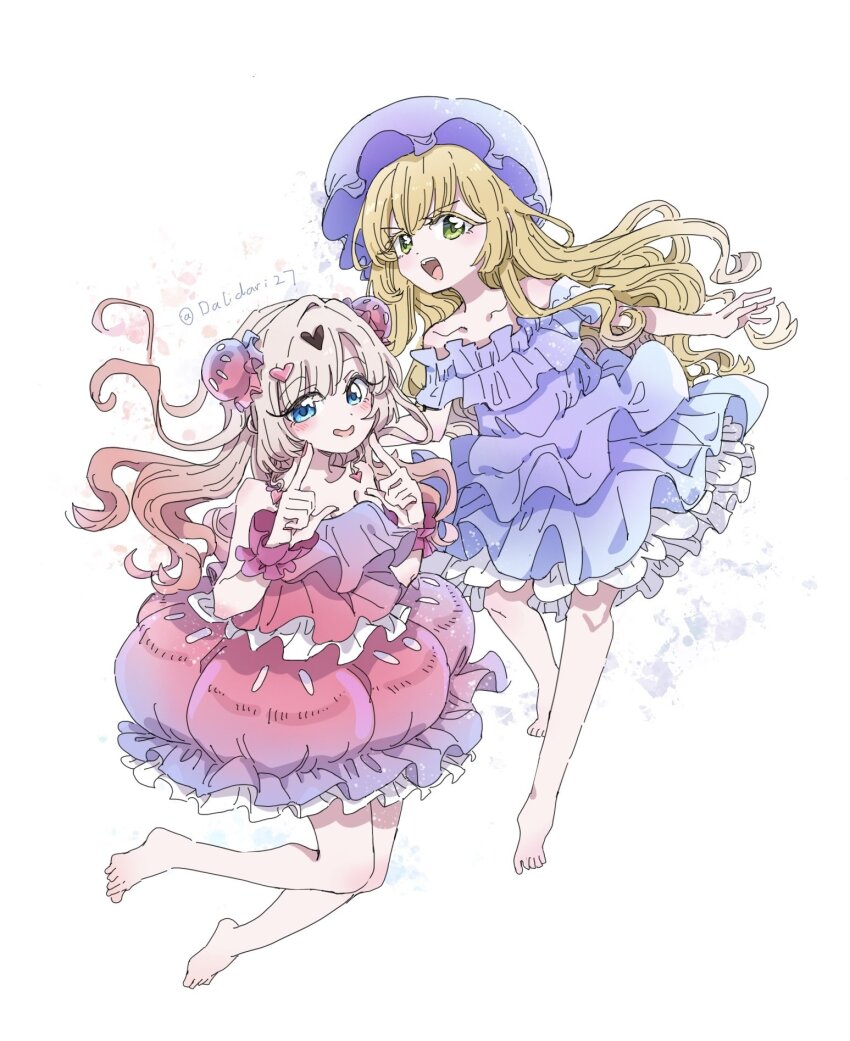 2girls :d bare_legs barefoot blonde_hair blue_eyes bubble_skirt bun_cover collarbone commentary dalidari27 dei_matsuri double_bun dress full_body gradient_hair green_eyes hair_bun hair_ornament heart heart_hair_ornament highres kedarui_aashii kimi_no_koto_ga_dai_dai_dai_dai_daisuki_na_100-nin_no_kanojo long_hair looking_at_viewer multicolored_hair multiple_girls open_mouth petticoat pointing pointing_at_self purple_dress simple_background skirt smile strapless strapless_dress twitter_username white_background