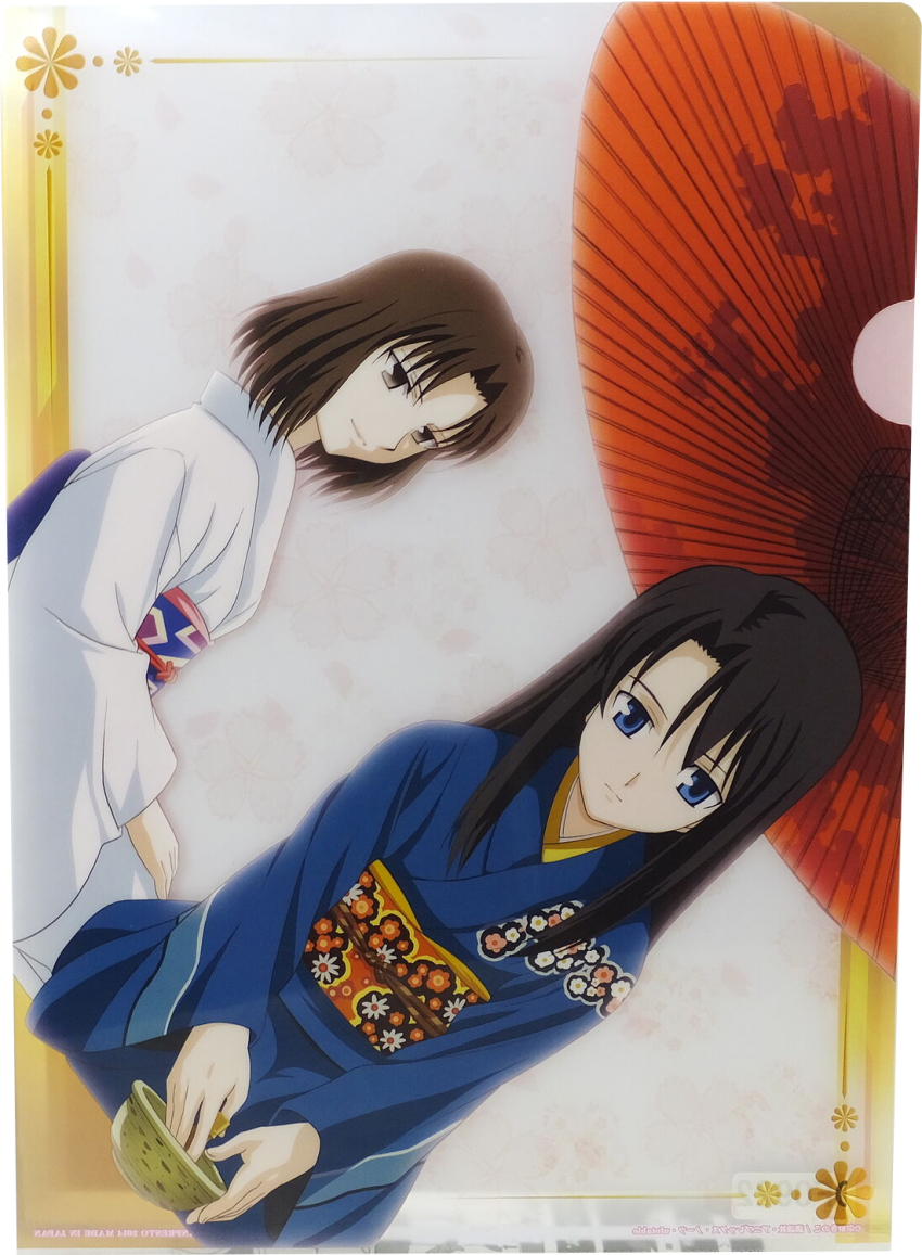 2girls blue_kimono chasen green_tea highres japanese_clothes kara_no_kyoukai kimono kneeling kokutou_azaka looking_at_another multiple_girls obi oil-paper_umbrella ryougi_mana ryougi_shiki sash smile tea tea_ceremony umbrella white_kimono