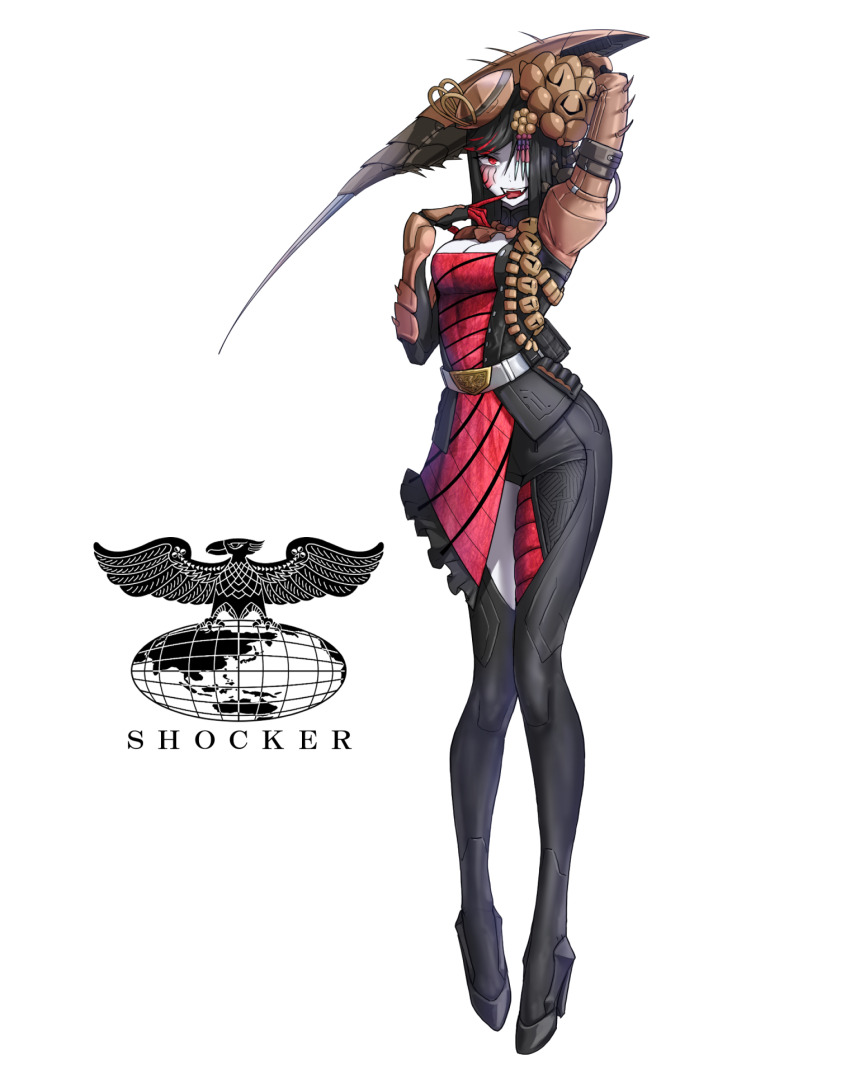 1girl arthropod_girl belt belt_buckle black_hair blade_arm breasts buckle cleavage colored_skin commentary cyborg eidenjyou1997 english_commentary fangs finger_to_mouth genderswap genderswap_(mtf) hair_over_one_eye high_heels highres kamen_rider kamen_rider_(1st_series) logo monster_girl open_mouth red_eyes shiraculas shocker_(kamen_rider) simple_background solo tongue tongue_out white_background white_belt white_skin