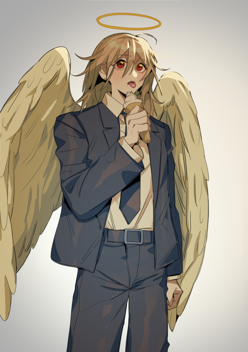 1boy absurdres angel_devil_(chainsaw_man) belt blonde_hair chainsaw_man clenched_hand cowboy_shot food formal_clothes hair_between_eyes halo hashtag-only_commentary highres holding holding_food holding_ice_cream ice_cream long_hair male_focus necktie red_eyes simple_background solo suit tongue tongue_out wing_collar wings xi_luo_an_ya
