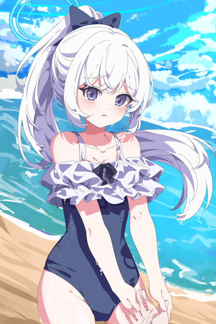 1girl 1other absurdres beach blue_archive blue_halo blue_one-piece_swimsuit blue_sky casual_one-piece_swimsuit chinese_commentary cloud commentary day frilled_one-piece_swimsuit frills halo hands_on_another&#039;s_hand highres hua-huahua long_hair miyako_(blue_archive) miyako_(swimsuit)_(blue_archive) ocean one-piece_swimsuit ponytail purple_eyes sky solo_focus swimsuit white_hair