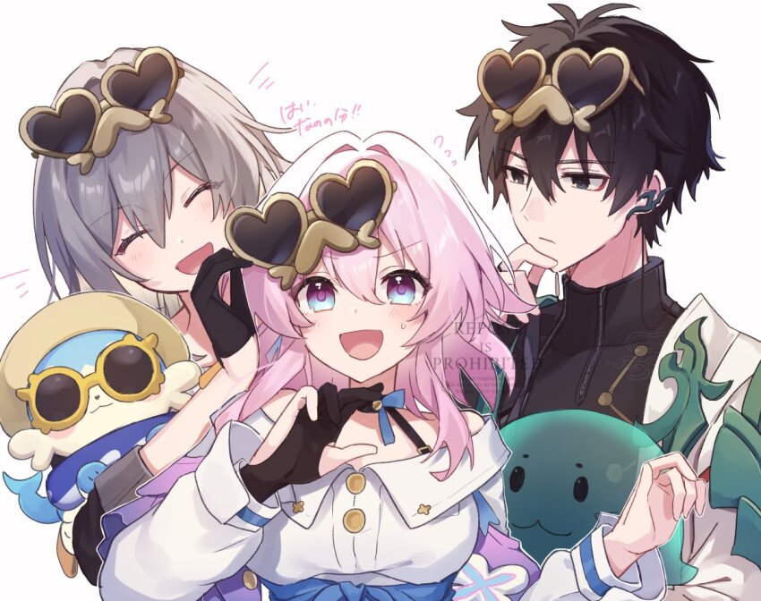1boy 2girls :d archery_shooting_glove black_gloves closed_eyes dan_heng_(honkai:_star_rail) dan_heng_(hunt)_(honkai:_star_rail) eyewear_on_head facing_another flying_sweatdrops gloves grey_hair hair_between_eyes honkai:_star_rail honkai_(series) long_sleeves looking_up march_7th_(honkai:_star_rail) march_7th_(preservation)_(honkai:_star_rail) multicolored_eyes multiple_girls open_mouth partially_fingerless_gloves pink_hair shirase_(shirose) shirt simple_background single_glove smile stelle_(honkai:_star_rail) sweat trailblazer_(honkai:_star_rail) upper_body white_background white_shirt
