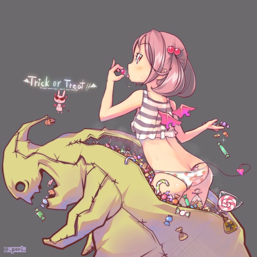 10s 1girl ass back butt_crack candy cosplay female_focus food grey_background halloween highres kantai_collection lollipop oogie_boogie oogie_boogie_(cosplay) panties pink_eyes pink_hair pori_(poritan81) sazanami_(kancolle) simple_background solo tail the_nightmare_before_christmas tongue tongue_out twintails underwear wings
