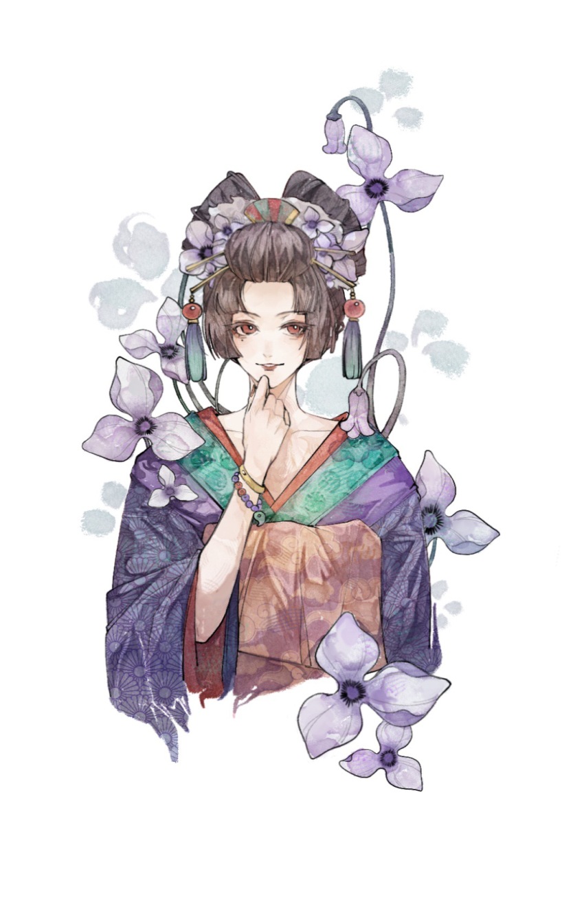 1girl alternate_costume bead_bracelet beads black_hair bracelet chinese_commentary collarbone commentary_request cropped_torso floral_print flower forehead hair_flower hair_ornament hair_stick hand_on_own_chin highres japanese_clothes jewelry kimono looking_to_the_side mole mole_under_eye nihongami pansy partial_commentary path_to_nowhere print_kimono purple_flower purple_kimono red_eyes simple_background siyuanzi solo straight-on sumire_(path_to_nowhere) tassel tassel_hair_ornament white_background