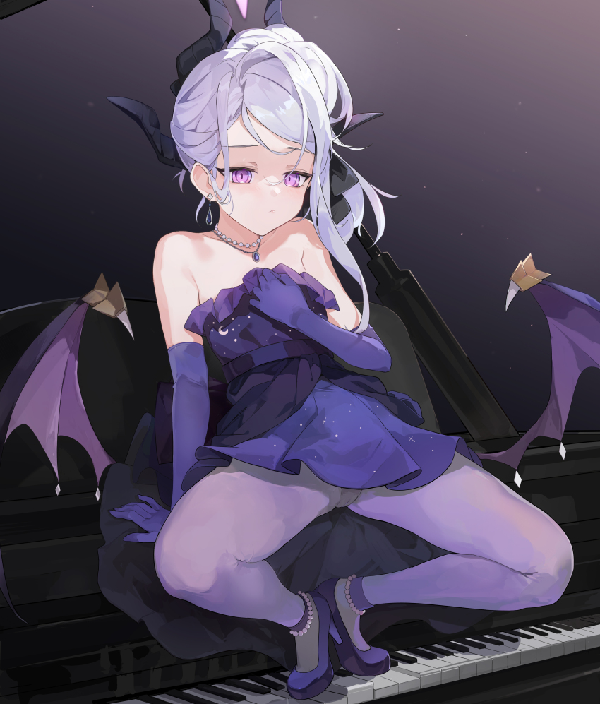 1girl absurdres black_halo blue_archive blush breasts cameltoe closed_mouth demon_girl demon_horns demon_wings dress earrings gloves gong_cha grand_piano gun halo high_heels highres hina_(blue_archive) hina_(dress)_(blue_archive) horns instrument jewelry machine_gun mg42 multiple_horns necklace off_shoulder official_alternate_costume official_alternate_hairstyle panties pantyhose pendant piano purple_dress purple_eyes purple_footwear purple_gloves purple_pantyhose sitting small_breasts solo thighs underwear weapon wings