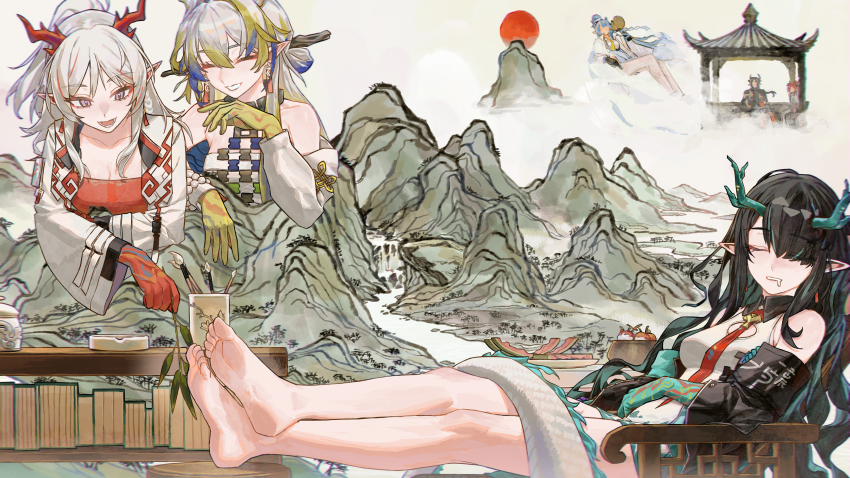 4girls :d absurdres arknights barefoot black_hair blonde_hair blue_eyes blue_skin branch chair closed_eyes colored_skin crossed_ankles dragon_horns dragon_tail dress dusk_(arknights) feet feet_on_chair grey_hair grin hair_ornament hair_stick highres holding holding_branch horns jacket ling_(arknights) multicolored_hair multiple_girls nian_(arknights) open_clothes open_jacket open_mouth pointy_ears red_skin renxzd shu_(arknights) sleeping smile streaked_hair tail yellow_skin