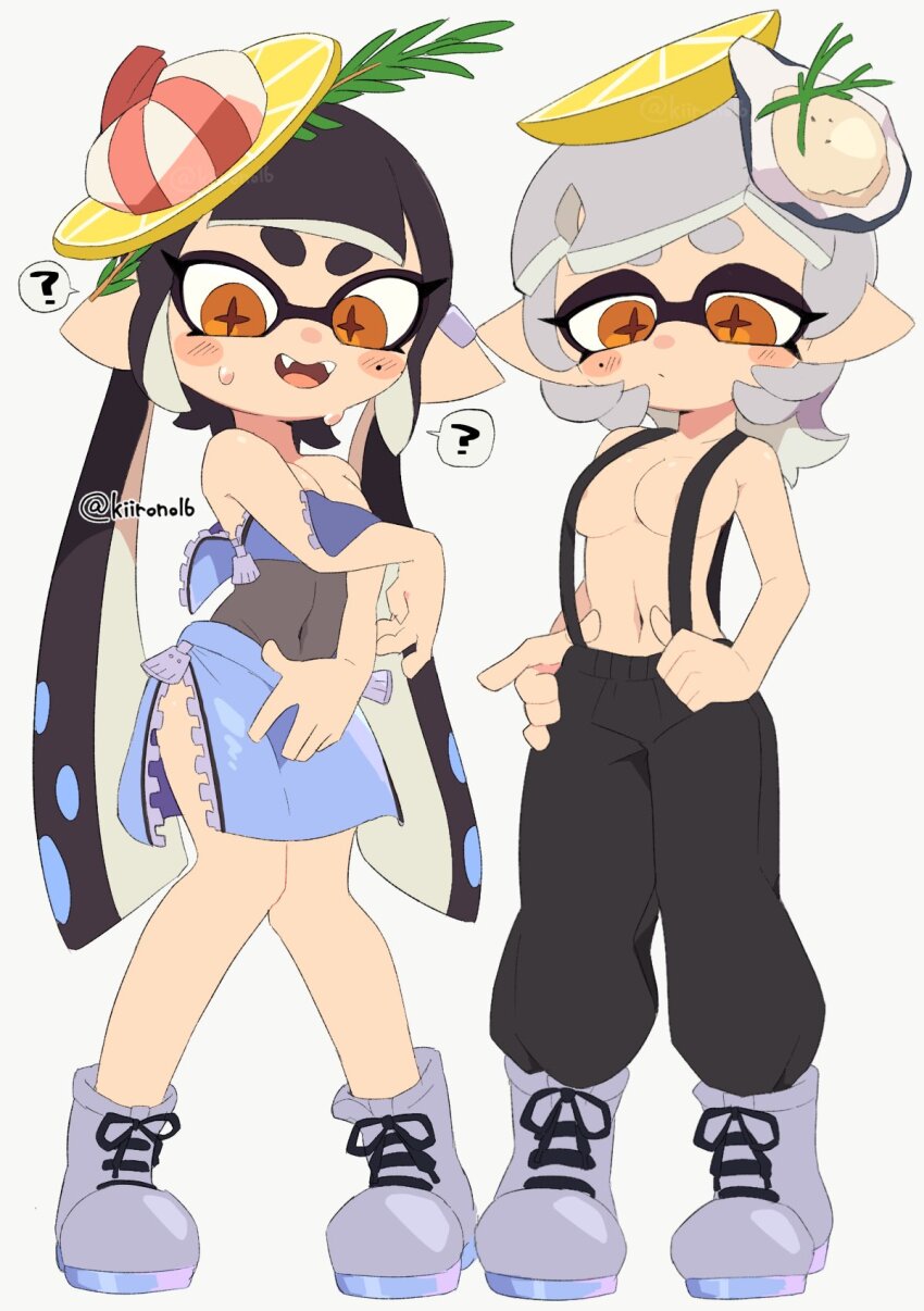 2girls ? artist_name baggy_pants black_hair black_pants blue_hair blunt_bangs blush_stickers boots breasts callie_(splatoon) callie_(summer_nights)_(splatoon) closed_mouth covering_breasts covering_privates ear_piercing embarrassed fangs food food_on_head fruit full_body grey_footwear grey_hair highres inkling kiirono knees_together_feet_apart lemon lemon_slice long_hair looking_down marie_(splatoon) marie_(summer_nights)_(splatoon) medium_breasts medium_hair midriff miniskirt mole mole_under_eye multicolored_hair multiple_girls naked_suspenders navel nintendo nipple_slip nipples object_on_head official_alternate_costume official_alternate_hairstyle open_mouth orange_eyes oyster pants pencil_skirt piercing pointy_ears purple_skirt purple_tube_top shrimp sidelocks skirt splatoon_(series) splatoon_3 spoken_question_mark standing star-shaped_pupils star_(symbol) strapless suspenders suspenders_pull sweat symbol-shaped_pupils tentacle_hair thick_eyebrows topless_female tube_top twintails two-tone_hair unzipped very_long_hair white_background zipper zipper_pull_tab