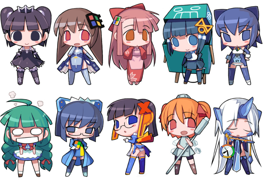 2k-tan 6+girls 95-tan 98-tan 98se-tan ahoge ascot black_eyes black_hair blue_eyes blunt_bangs blush_stickers bob_cut bow braid broken brown_hair ce-tan chibi chibi_only closed_eyes coat crown dos elbow_gloves everyone female_focus glasses gloves green_hair hair_ornament hairclip horns japanese_clothes kimono leash long_hair longhorn looking_back maid maid_headdress me-tan microsoft_windows miniskirt multiple_girls neck_ribbon nt-tan o_o one-piece_swimsuit open_mouth orange_eyes orange_hair os-tan overcoat panties pantyshot pocket_watch ponytail purple_hair red_eyes ribbon short_hair simple_background single_horn skirt smile smoke socks standing swimsuit swimsuit_under_clothes thighhighs twin_braids twintails underwear usb very_long_hair watch white_background windows_2000 windows_classic xp-tan