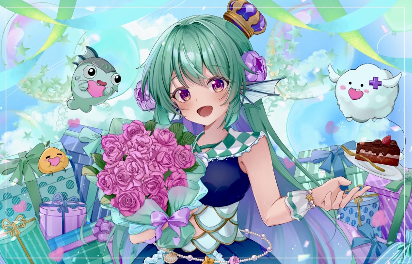 1girl :d balloon birthday blue_dress blush bouquet box cake clothing_cutout cloud commentary crown dress english_commentary famelira_(elira_pendora) finana_ryugu finana_ryugu_(1st_costume) fins fish_girl flower food fork frilled_sailor_collar frills fruit gift gift_box green_hair hair_flower hair_ornament head_fins heart highres kano3 long_hair navel_cutout nijisanji nijisanji_en open_mouth pink_flower plate pomudachi_(pomu_rainpuff) purple_eyes purple_flower ryuguard_(finana_ryugu) sailor_collar seashell shell smile solo star_(symbol) strawberry streamers virtual_youtuber wrist_cuffs