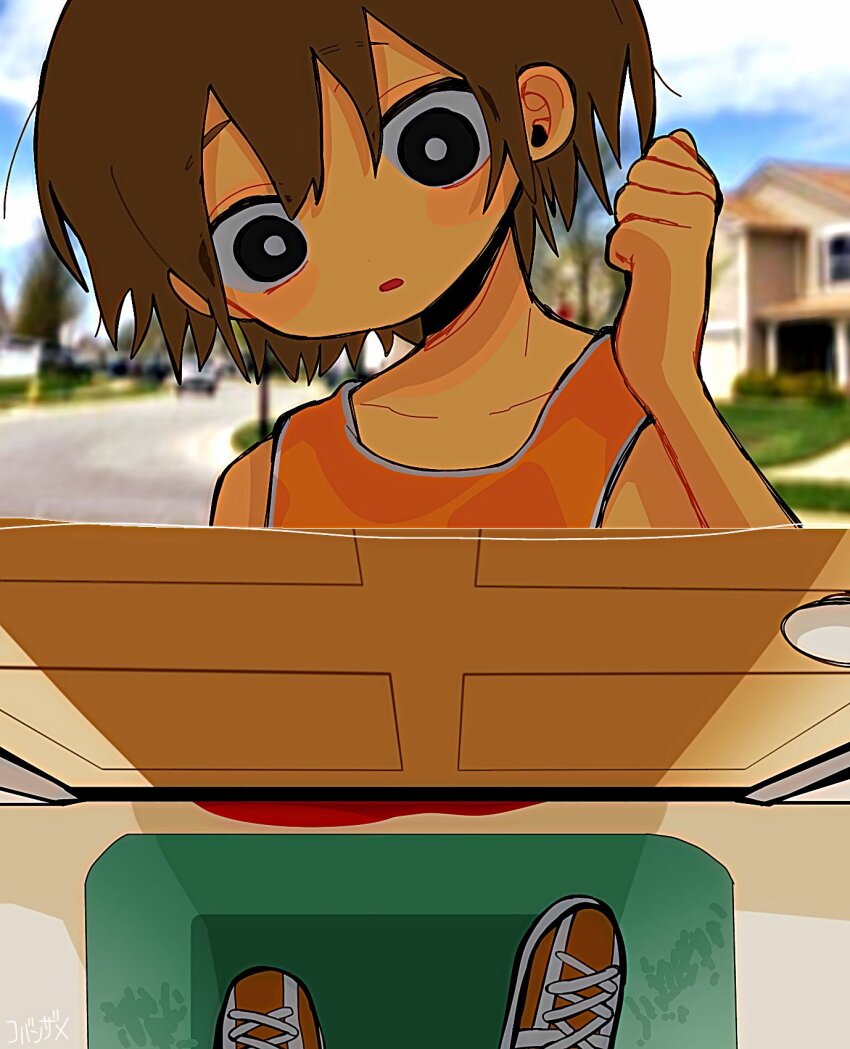 1boy alternate_eye_color black_eyes blood bright_pupils brown_hair collarbone dark-skinned_male dark_skin day door highres kel_(faraway)_(omori) kel_(omori) kobanzame_omo male_focus omori orange_shoes outdoors parted_lips photo_background shoes short_hair sneakers solo white_pupils