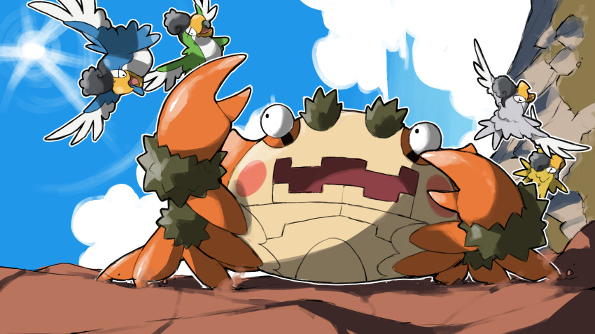animal_focus bird blacknirrow blue_sky cloud crab creatures_(company) day flying game_freak half-closed_eyes highres klawf nintendo no_humans open_mouth pokemon pokemon_(creature) pokemon_focus sky squawkabilly squawkabilly_(blue) squawkabilly_(green) squawkabilly_(white) squawkabilly_(yellow) sun