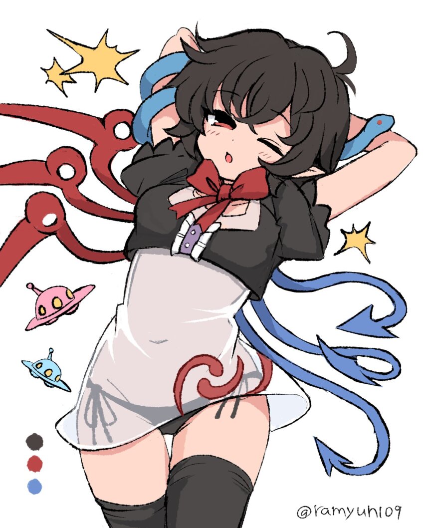 1girl ahoge arms_behind_head arms_up asymmetrical_wings black_dress black_hair black_panties black_thighhighs blue_wings blush bow breasts center_frills cowboy_shot dress frills highres houjuu_nue looking_at_viewer navel one_eye_closed open_mouth panties pointy_ears ramudia_(lamyun) red_bow red_eyes red_wings see-through_clothes see-through_dress short_hair short_sleeves side-tie_panties simple_background snake solo thighhighs thighs touhou twitter_username ufo underwear white_background wings