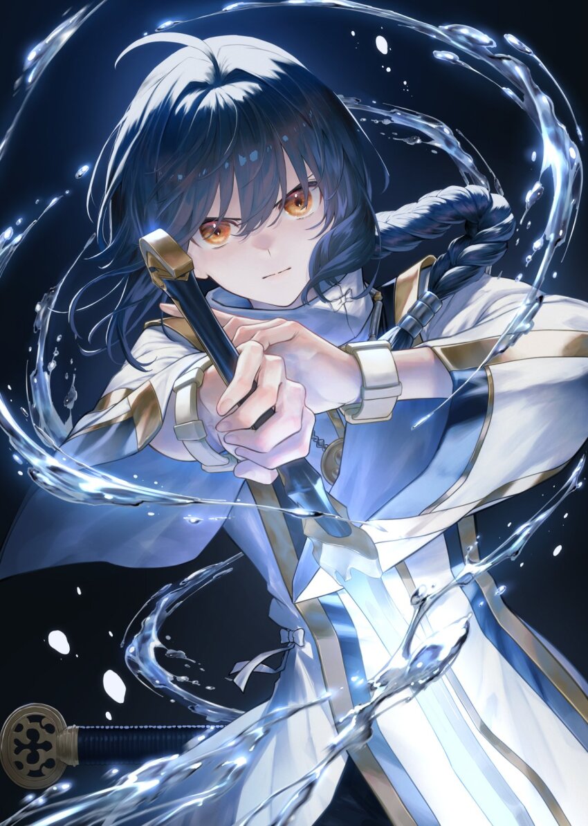 1other ahoge androgynous black_hair bracelet braid dark_background fate/samurai_remnant fate_(series) hair_intakes high_collar highres holding holding_sword holding_weapon japanese_clothes jewelry long_braid long_sleeves mugetsu2501 necklace orange_eyes sidelocks single_braid solo sword sword_on_back water weapon weapon_on_back wide_sleeves yamato_takeru_(fate)
