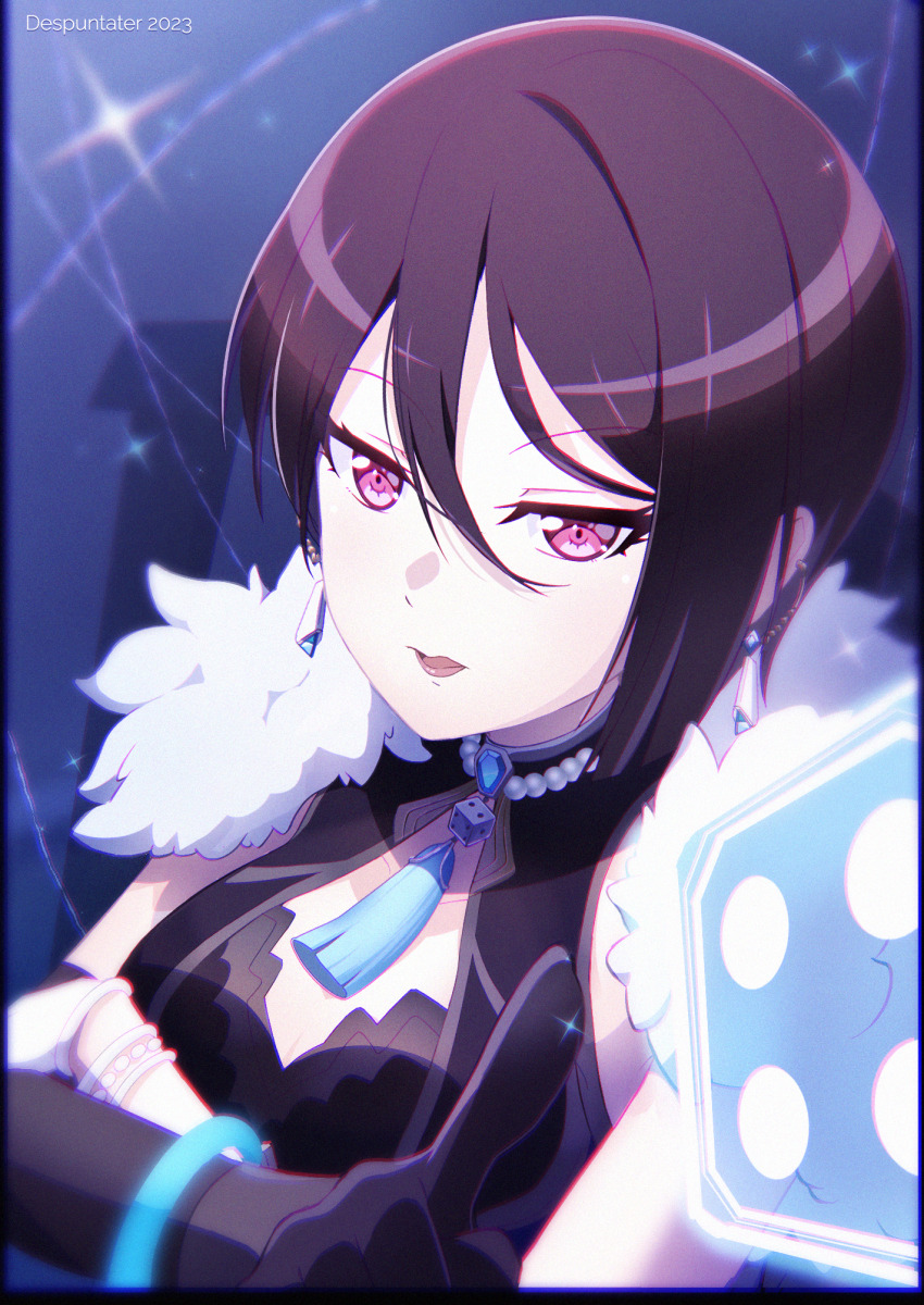 1girl artist_name asymmetrical_gloves asymmetrical_hair bang_dream! bare_shoulders bead_choker black_dress black_gloves black_hair breasts cleavage collarbone commentary_request cosplay crossed_arms despuntater dice dress earrings elbow_gloves feather-trimmed_jacket genshin_impact gloves hair_between_eyes highres index_finger_raised jacket jacket_on_shoulders jewelry large_breasts looking_at_viewer mismatched_gloves neck_tassel open_mouth pink_eyes short_hair single_elbow_glove single_sidelock sleeveless sleeveless_dress solo standing tassel tassel_choker upper_body white_gloves yashio_rui yelan_(genshin_impact) yelan_(genshin_impact)_(cosplay)