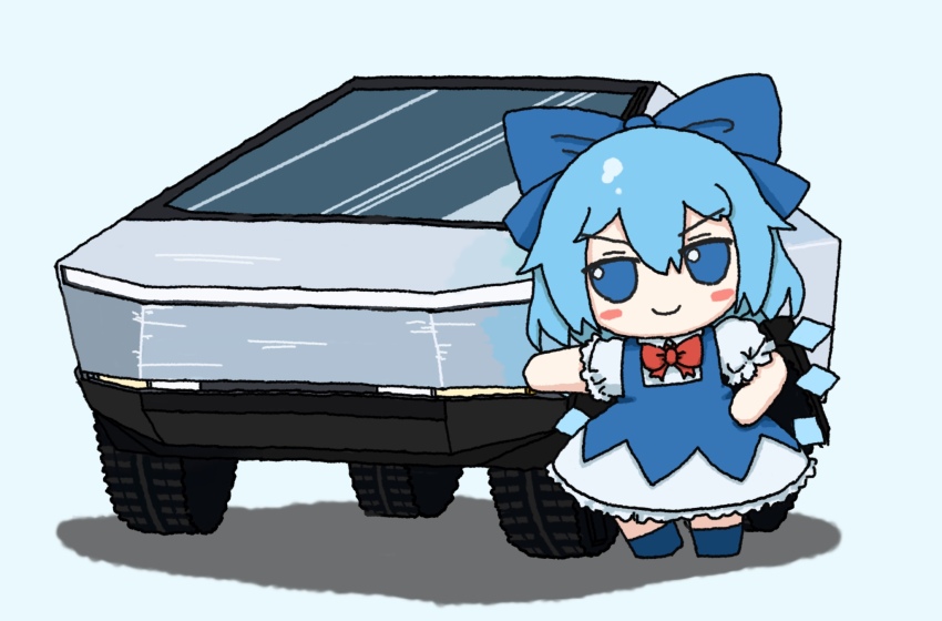 1girl blue_bow blue_dress blue_eyes blue_hair blush_stickers bow c: car cirno commentary_request detached_wings dress fairy_wings full_body fumo_(doll) hair_bow hand_on_own_hip highres ice ice_wings koumakanbomb leaning_on_object looking_at_viewer motor_vehicle simple_background smile solo standing tesla_cybertruck touhou v-shaped_eyebrows white_background wings