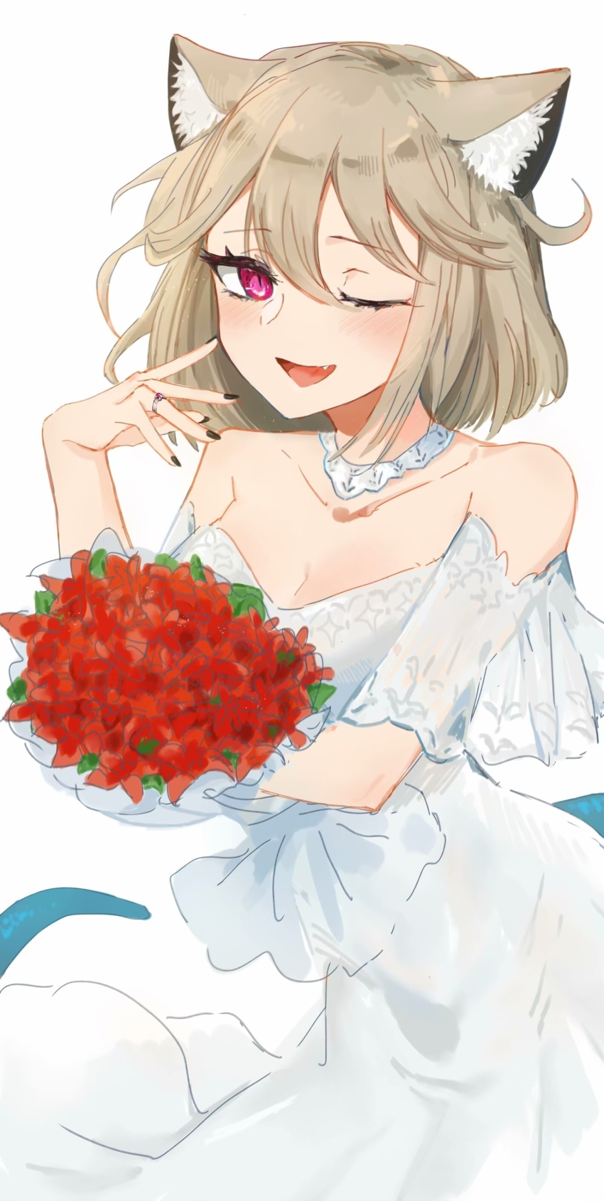 1girl absurdres animal_ear_fluff animal_ears arknights bare_shoulders black_nails brown_hair collarbone dress fang flower highres holding holding_flower jewelry looking_at_viewer one_eye_closed open_mouth red_eyes red_flower red_rose ring rose short_hair simple_background smile solo tail utage_(arknights) wedding_dress white_background xiao_mo_(xiaomo312)