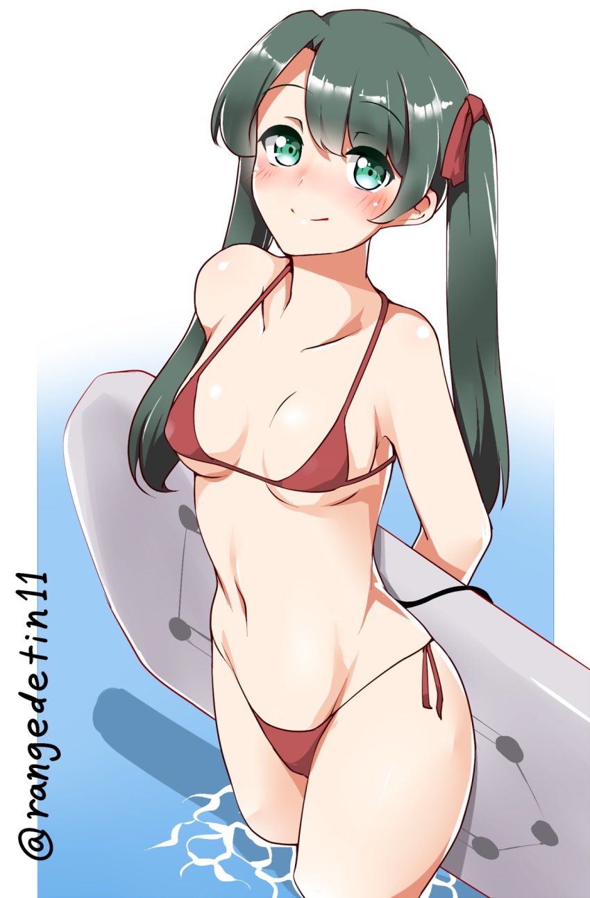 10s 1girl aoi_renji bikini black_hair bodyboard cowboy_shot female_focus green_eyes highres kantai_collection long_hair looking_at_viewer mikuma_(2016_swimsuit)_(kancolle) mikuma_(kancolle) red_bikini side-tie_bikini_bottom smile solo swimsuit twintails twitter_username