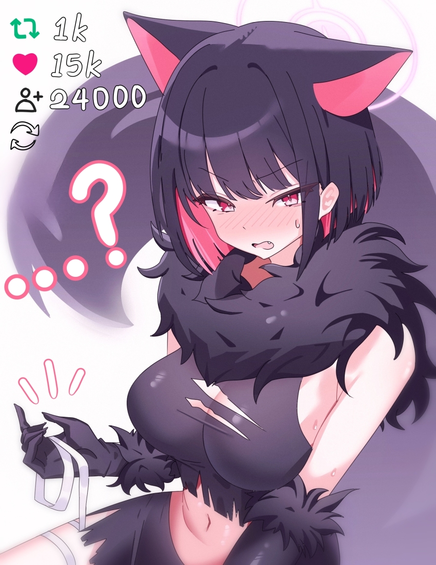 1girl animal_ears animal_hands bikini black_bikini blue_archive blunt_ends blush breasts cat_ears cat_girl extra_ears fang fur_collar gloves halo highres kazusa_(blue_archive) kazusa_(halloween)_(blue_archive) large_breasts looking_at_viewer official_alternate_costume open_mouth paw_gloves pink_eyes pink_hair pink_halo poko050498 short_hair sidelocks solo swimsuit tail