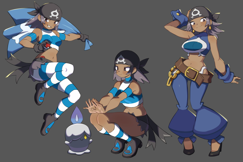 1girl ankle_socks bandana belt black_bandana breasts commentary cuffs dark_skin earrings english_commentary flag flowerpigeon gen_5_pokemon gloves grey_hair highres holding holding_poke_ball jewelry jumping litwick medium_breasts midair midriff multiple_views navel nintendo poke_ball pokemon pokemon_oras skirt socks squatting standing striped_clothes team_aqua_grunt team_aqua_grunt_(female) team_aqua_grunt_(oras) team_aqua_uniform wide_hips