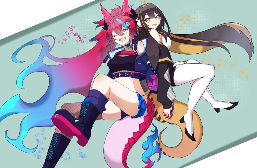 2girls absurdres ahoge arms_at_sides back-to-back bare_shoulders belt belt_around_waist black_boots black_jacket black_shirt blonde_hair blue_eyes blue_hair blue_jacket blue_shorts boots breasts brown_hair collared_jacket commentary crop_top cropped_jacket cropped_shirt dot_nose dragon_girl dragon_horns dragon_tail eastern_dragon_horns eel_girl eel_tail eyelashes fiery_hair fishnet_top fishnets flame_print gradient_hair hair_between_eyes hair_ornament halterneck high_heel_boots high_heels highres horns chromashift indie_virtual_youtuber jacket juna_unagi juna_unagi_(1st_costume) kai_saikota knees large_breasts long_bangs long_hair long_sidelocks long_sleeves looking_at_viewer looking_back looking_to_the_side multicolored_hair multiple_girls off_shoulder open_clothes open_jacket purple_belt red_hair riomiyan scales shirt shoes short_shorts shorts sidelocks single_fishnet_legwear single_thighhigh sleeveless sleeveless_shirt smile spiked_shoes spikes star_(symbol) star_hair_ornament straight_hair tail thigh_boots thighhighs thighs tongue very_long_hair virtual_youtuber white_boots white_shirt yellow_eyes