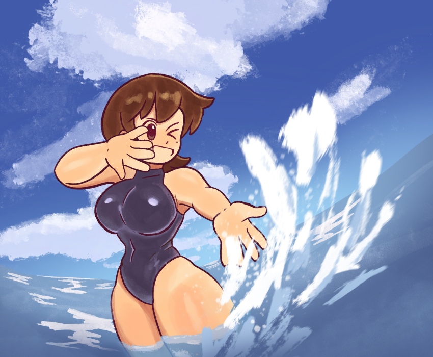 &gt;_o 1girl aioi_yuuko bare_shoulders blue_one-piece_swimsuit blue_sky breasts brown_eyes brown_hair cloud cloudy_sky covered_navel covering_face dozo_gon highres large_breasts nichijou one-piece_swimsuit open_mouth outdoors short_hair sky smile solo splashing swimsuit thick_thighs thighs water